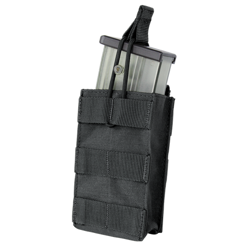 The Condor Single G36 Open-Top Mag Pouch holds a transparent rifle magazine, secured with a retention strap—ideal for tactical or law enforcement use.