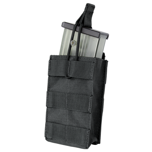 The Condor Single G36 Open-Top Mag Pouch holds a transparent rifle magazine, secured with a retention strap—ideal for tactical or law enforcement use.
