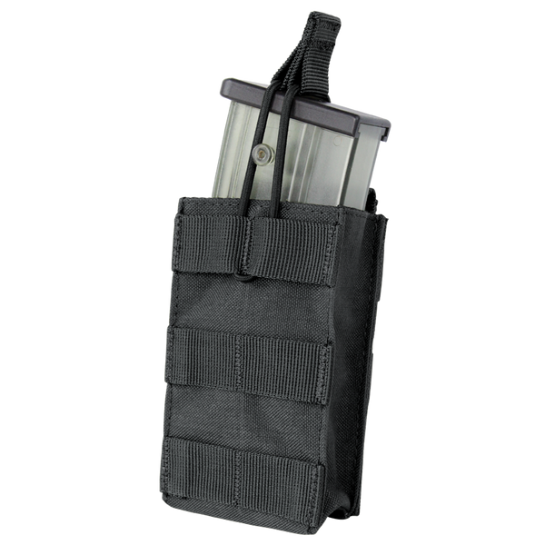 The Condor Single G36 Open-Top Mag Pouch holds a transparent rifle magazine, secured with a retention strap—ideal for tactical or law enforcement use.