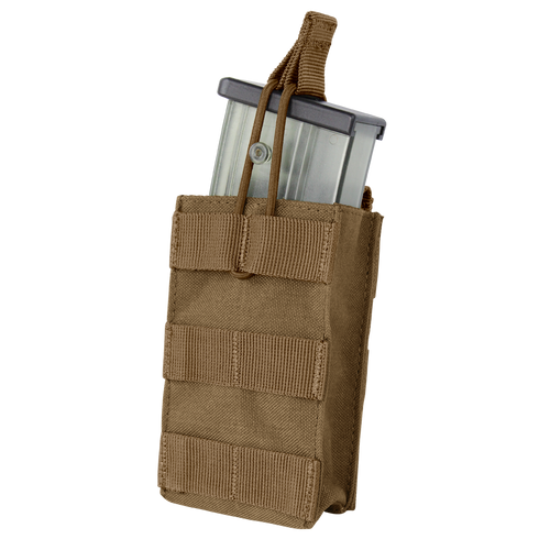 The Condor Single G36 Open-Top Mag Pouch is a tan tactical nylon pouch with MOLLE webbing and retention strap, shown holding a partially inserted rifle magazine—ideal for Military or Law Enforcement use.