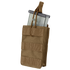 The Condor Single G36 Open-Top Mag Pouch is a tan tactical nylon pouch with MOLLE webbing and retention strap, shown holding a partially inserted rifle magazine—ideal for Military or Law Enforcement use.