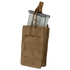 The Condor Single G36 Open-Top Mag Pouch is a tan tactical nylon pouch with MOLLE webbing and retention strap, shown holding a partially inserted rifle magazine—ideal for Military or Law Enforcement use.