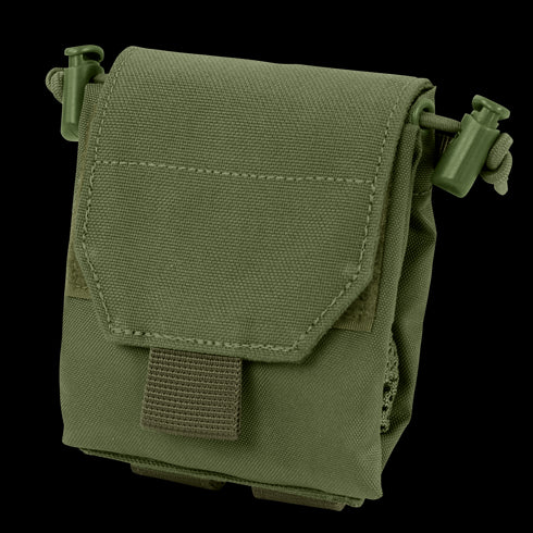 The Condor Micro Dump Pouch in Olive Drab is a compact tactical pouch featuring a flap cover, Velcro closure, and side drawstring adjusters.