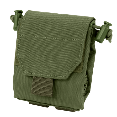 The Condor Micro Dump Pouch in Olive Drab is a compact tactical pouch featuring a flap cover, Velcro closure, and side drawstring adjusters.