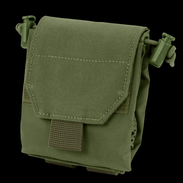 The Condor Micro Dump Pouch in Olive Drab is a compact tactical pouch featuring a flap cover, Velcro closure, and side drawstring adjusters.