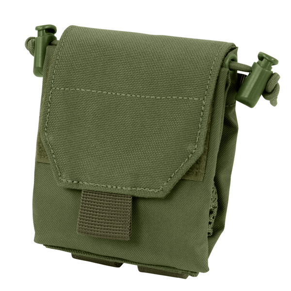 The Condor Micro Dump Pouch in Olive Drab is a compact tactical pouch featuring a flap cover, Velcro closure, and side drawstring adjusters.