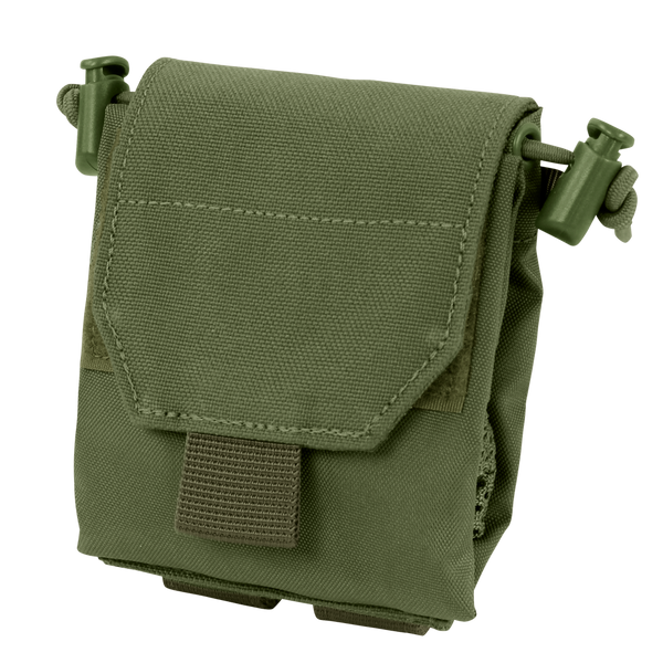 The Condor Micro Dump Pouch in Olive Drab is a compact tactical pouch featuring a flap cover, Velcro closure, and side drawstring adjusters.