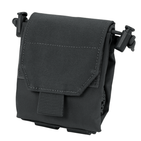The Condor Micro Dump Pouch in black is compact, designed for tactical use, and features a flap cover, drawstring side closures, and a hook-and-loop front fastener for secure storage.