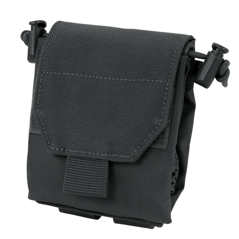 The Condor Micro Dump Pouch in black is compact, designed for tactical use, and features a flap cover, drawstring side closures, and a hook-and-loop front fastener for secure storage.