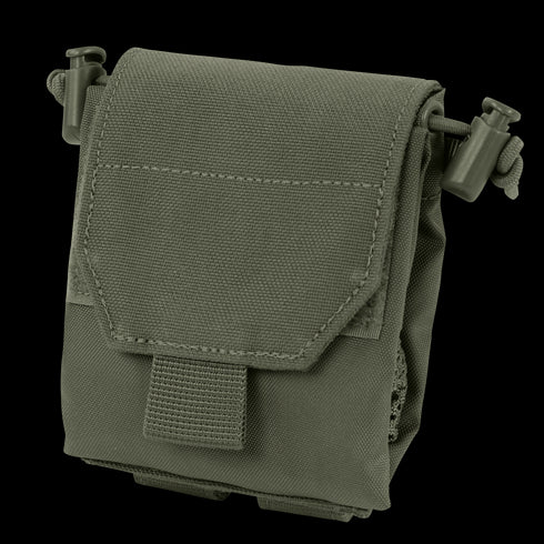 The Condor Micro Dump Pouch in Ranger Green features a hook-and-loop front flap, side drawstrings, and reinforced stitching, providing compact storage for tactical operators to carry small gear or accessories.
