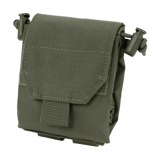 The Condor Micro Dump Pouch in Ranger Green features a hook-and-loop front flap, side drawstrings, and reinforced stitching, providing compact storage for tactical operators to carry small gear or accessories.