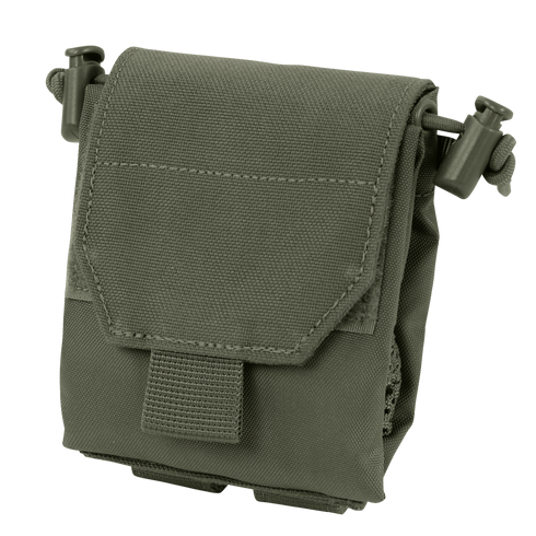 The Condor Micro Dump Pouch in Ranger Green features a hook-and-loop front flap, side drawstrings, and reinforced stitching, providing compact storage for tactical operators to carry small gear or accessories.