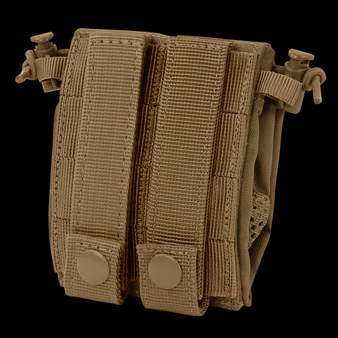 The Condor Micro Dump Pouch in tan nylon features two snap-button straps and adjustable cord locks for compact storage and easy attachment to gear or backpacks—ideal for tactical operators.