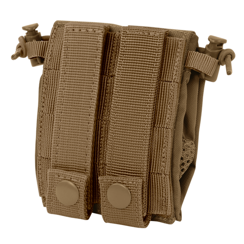 The Condor Micro Dump Pouch in tan nylon features two snap-button straps and adjustable cord locks for compact storage and easy attachment to gear or backpacks—ideal for tactical operators.