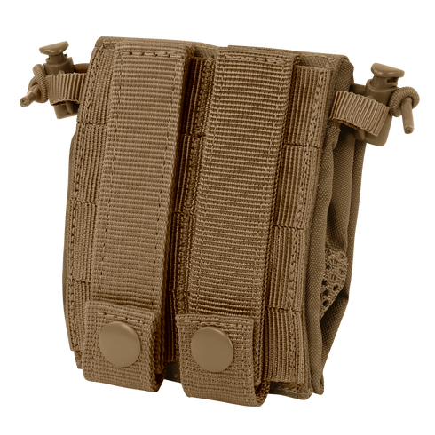The Condor Micro Dump Pouch in tan nylon features two snap-button straps and adjustable cord locks for compact storage and easy attachment to gear or backpacks—ideal for tactical operators.