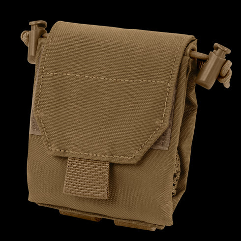 The Condor Micro Dump Pouch in Coyote Brown features a flap closure, hook-and-loop strap, and drawstring cords on each side—perfect for compact storage for tactical operators.