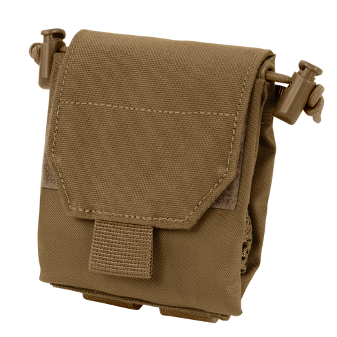 The Condor Micro Dump Pouch in Coyote Brown features a flap closure, hook-and-loop strap, and drawstring cords on each side—perfect for compact storage for tactical operators.