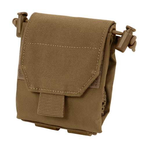 The Condor Micro Dump Pouch in Coyote Brown features a flap closure, hook-and-loop strap, and drawstring cords on each side—perfect for compact storage for tactical operators.