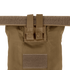 A close-up of the tan Condor Micro Dump Pouch featuring two snap button straps and a front velcro patch, perfect for compact storage preferred by tactical operators.