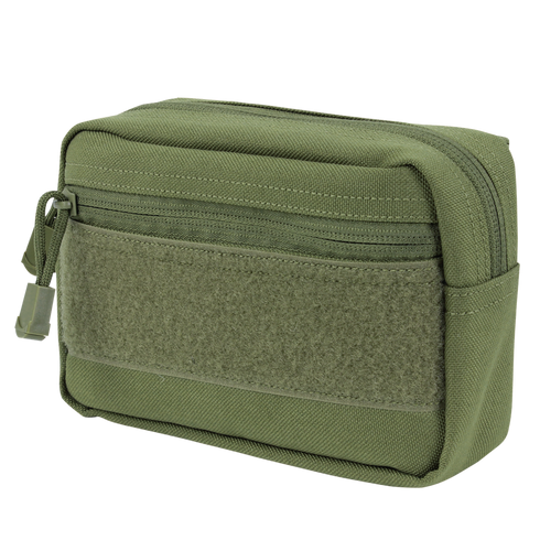 The Condor Compact Utility Pouch is a small, rectangular olive green bag with a front zipper pocket, Velcro patch, and main zippered compartment—ideal for EDC or organizing essentials at the shooting range.