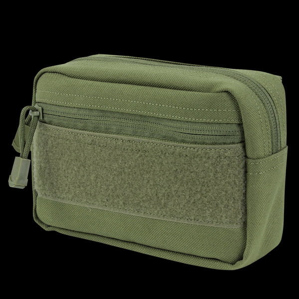 The Condor Compact Utility Pouch is a small, rectangular olive green bag with a front zipper pocket, Velcro patch, and main zippered compartment—ideal for EDC or organizing essentials at the shooting range.