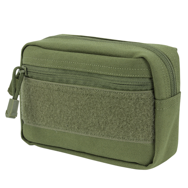 The Condor Compact Utility Pouch is a small, rectangular olive green bag with a front zipper pocket, Velcro patch, and main zippered compartment—ideal for EDC or organizing essentials at the shooting range.