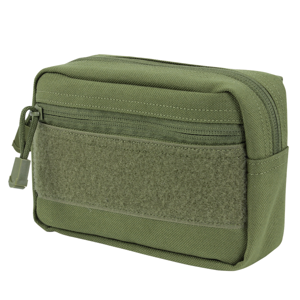 The Condor Compact Utility Pouch is a small, rectangular olive green bag with a front zipper pocket, Velcro patch, and main zippered compartment—ideal for EDC or organizing essentials at the shooting range.