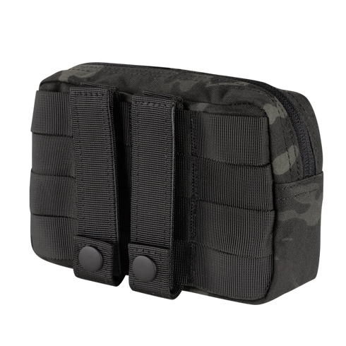 The Condor Compact Utility Pouch in MultiCam Black features MOLLE webbing and two vertical straps on the back for secure attachment to compatible gear.