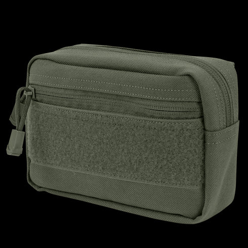 The Condor Compact Utility Pouch is an olive green rectangular zippered pouch with a front pocket and Velcro panel, crafted from durable fabric—perfect for military use or carrying essentials at the range.