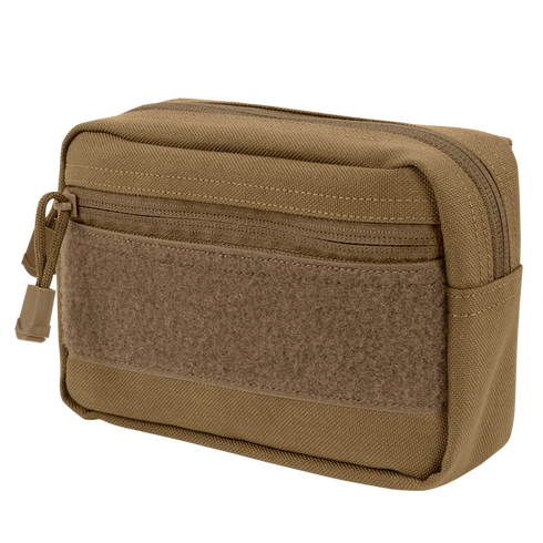 The Condor Compact Utility Pouch is a small tan zippered pouch with an exterior pocket and front Velcro panel, made from durable fabric—ideal for EDC or organizing essentials at the shooting range.