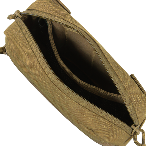 Top view of the Condor Compact Utility Pouch in MultiCam Black, featuring a zipper, two main compartments, and an interior pocket—ideal for law enforcement or military use.