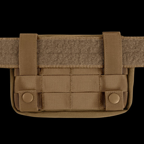 The Condor Compact Utility Pouch is a tan tactical pouch with MOLLE webbing and dual snap-button straps, easily attachable to a belt—perfect for law enforcement or first responder gear.