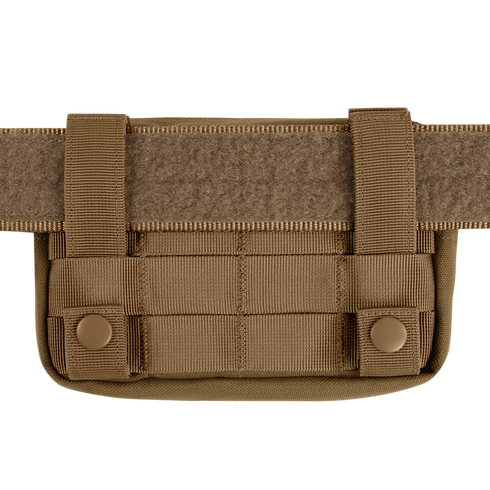 The Condor Compact Utility Pouch is a tan tactical pouch with MOLLE webbing and dual snap-button straps, easily attachable to a belt—perfect for law enforcement or first responder gear.
