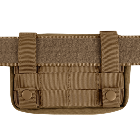 The Condor Compact Utility Pouch is a tan tactical pouch with MOLLE webbing and dual snap-button straps, easily attachable to a belt—perfect for law enforcement or first responder gear.