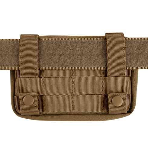 The Condor Compact Utility Pouch is a tan tactical pouch with MOLLE webbing and dual snap-button straps, easily attachable to a belt—perfect for law enforcement or first responder gear.