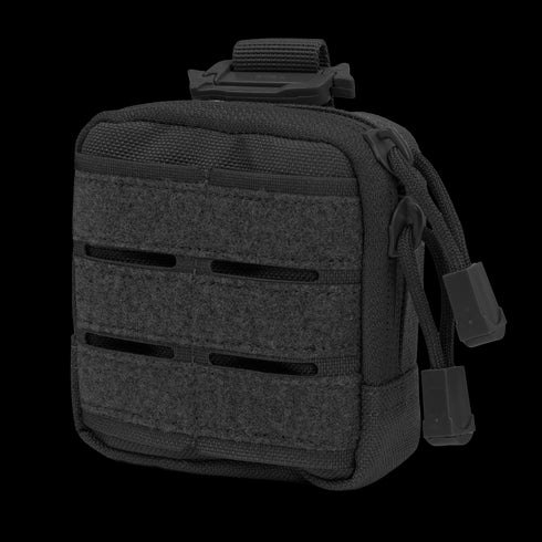 The Condor Dip Pouch is a compact black tactical pouch with dual zippers, a front hook-and-loop panel, horizontal slits, and a top strap for attachment—perfect for military and first responders.