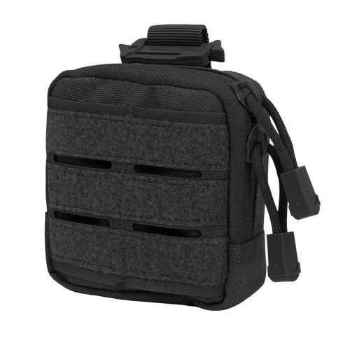 The Condor Dip Pouch is a compact black tactical pouch with dual zippers, a front hook-and-loop panel, horizontal slits, and a top strap for attachment—perfect for military and first responders.