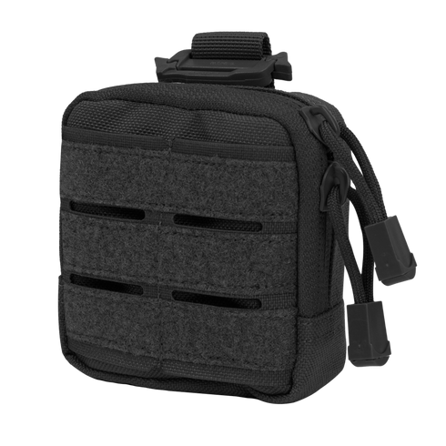 The Condor Dip Pouch is a compact black tactical pouch with dual zippers, a front hook-and-loop panel, horizontal slits, and a top strap for attachment—perfect for military and first responders.
