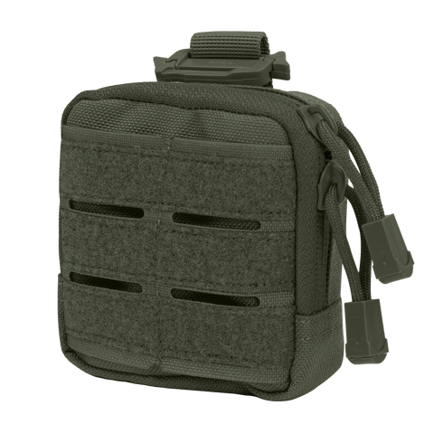The Condor Dip Pouch is a small green tactical pouch featuring two front hook-and-loop panels, horizontal laser-cut slits, dual zipper pulls, and a top strap for secure attachment—ideal for military or first responders.
