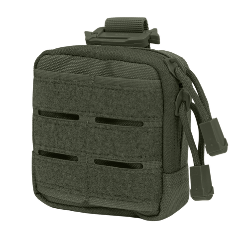 The Condor Dip Pouch is a small green tactical pouch featuring two front hook-and-loop panels, horizontal laser-cut slits, dual zipper pulls, and a top strap for secure attachment—ideal for military or first responders.