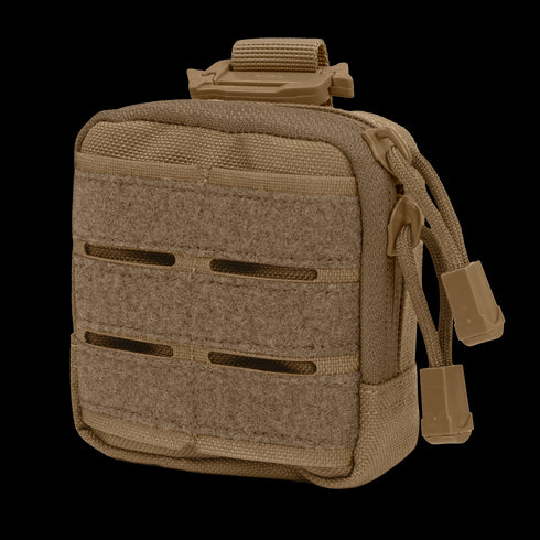 The Condor Dip Pouch is a compact tan tactical pouch with zippered closure, nylon straps, and a front hook-and-loop panel for modular attachment—perfect for military or law enforcement use.