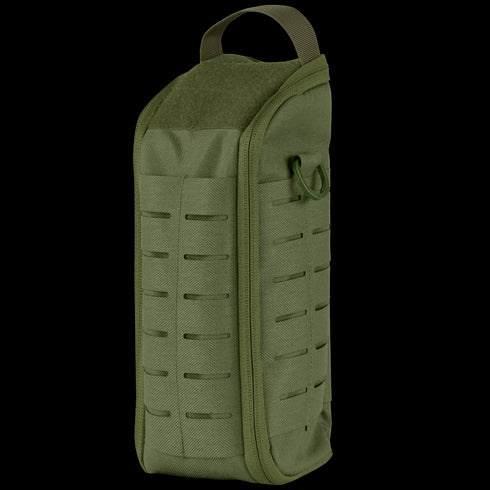 The Condor Field Pouch in Olive Drab features a zipper closure, top handle, and laser-cut MOLLE webbing on the front and sides.