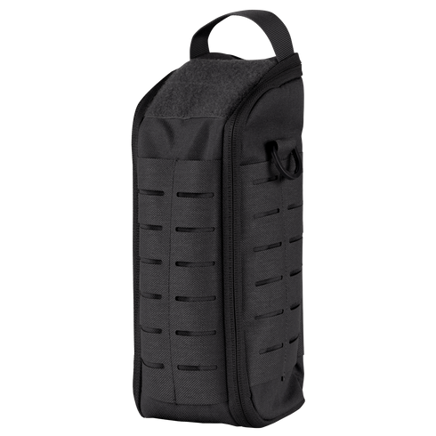 The Condor Field Pouch | SALE, shown in black, features a top handle, zippered closure, and front laser-cut MOLLE webbing, displayed upright against a plain background.