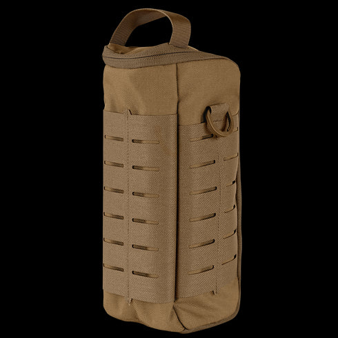 The Condor Field Pouch | SALE is a tan tactical pouch featuring a top handle, side D-ring, and front laser-cut MOLLE webbing, designed for attachment to gear or backpacks.