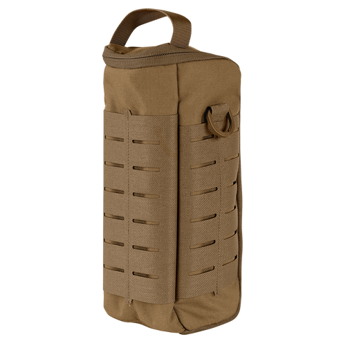 The Condor Field Pouch | SALE is a tan tactical pouch featuring a top handle, side D-ring, and front laser-cut MOLLE webbing, designed for attachment to gear or backpacks.