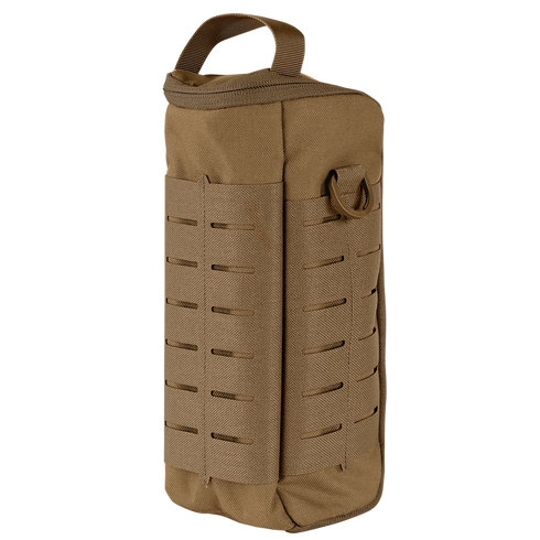 The Condor Field Pouch | SALE is a tan tactical pouch featuring MOLLE webbing, a carrying handle, and a D-ring. The pouch is shown standing upright against a plain white background.