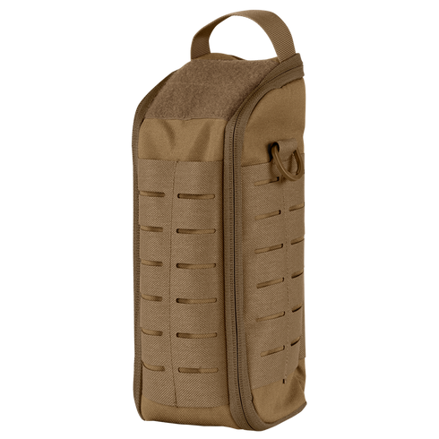 The Condor Field Pouch | SALE in coyote brown features a handle, zippered closure, and laser-cut MOLLE webbing on the front, standing upright on a plain background.