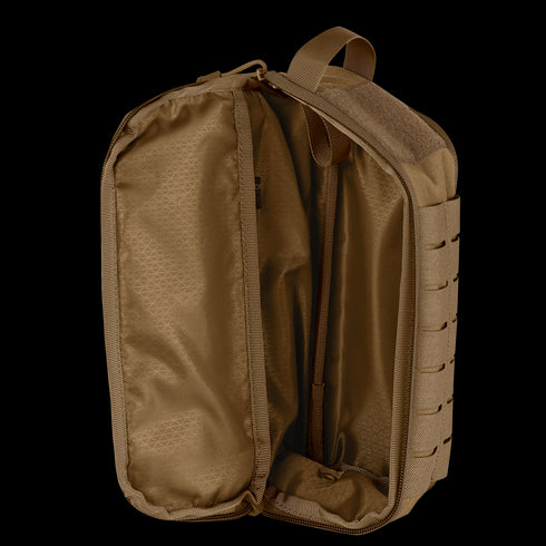 The Condor Field Pouch | SALE is a brown, durable fabric zippered pouch, shown open with internal compartments and loops for organized storage.
