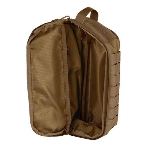 The Condor Field Pouch | SALE is a brown, durable fabric zippered pouch, shown open with internal compartments and loops for organized storage.