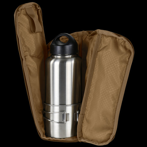 The Condor Field Pouch | SALE is stored inside an open tan zippered carrying case and includes a stainless steel thermos with a black cap and metal cups.